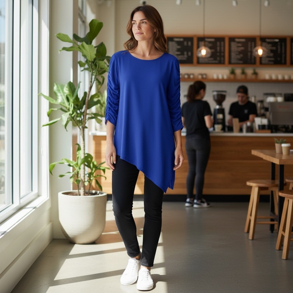 Clara Sunwoo Asymmetrical Ruched Sleeve Cobalt Royal Blue Knit Top Large